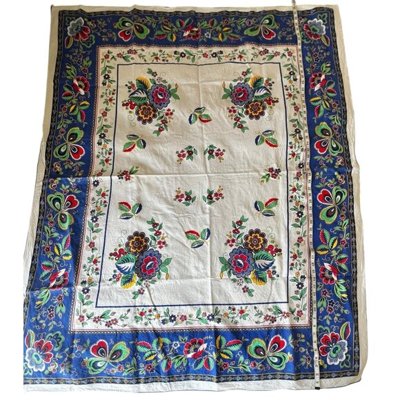 Italian Floral Cotton Tablecloth 58x48 Blue Red White Orange Green Boho Party - Picture 1 of 16